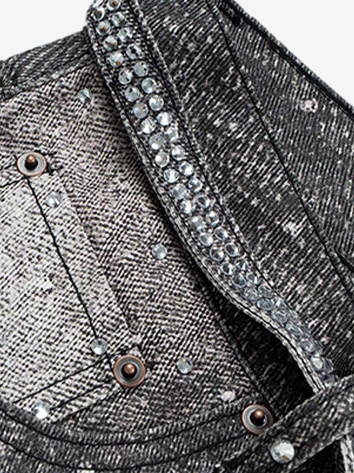 Denim Distressed Belt Diamond Decorated Jeans 