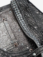 Denim Distressed Belt Diamond Decorated Jeans 