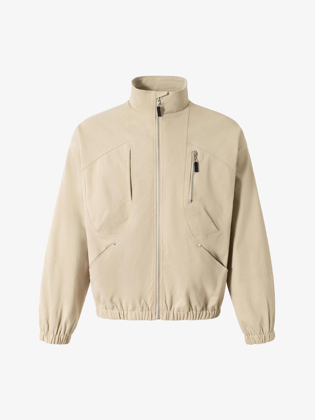 Beige High-Collar Zip-Up Jacket with Functional Pockets - Perfect for Casual and Outdoor Activities 