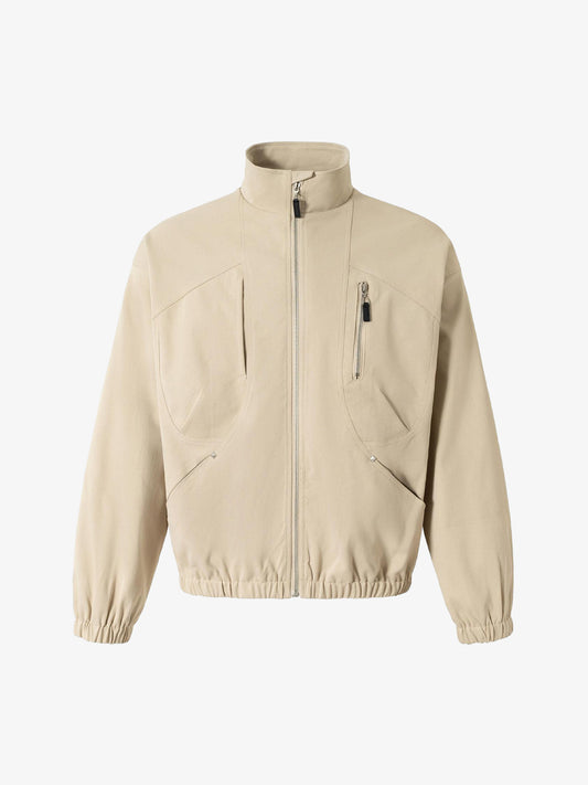 Beige High-Collar Zip-Up Jacket with Functional Pockets - Perfect for Casual and Outdoor Activities 