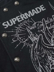 Asymmetric Button-Front Letter Graphic Jacket