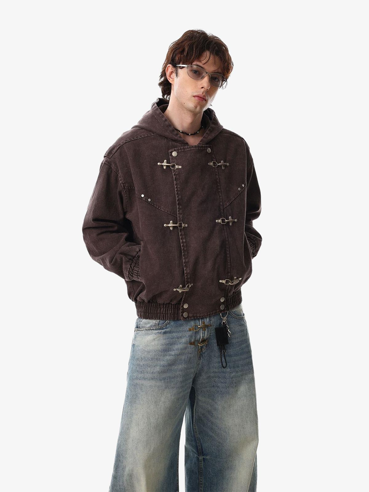 Washed Cotton Hooded Duffle Jacket with Metal Snap Buttons and Ribbed Hem 