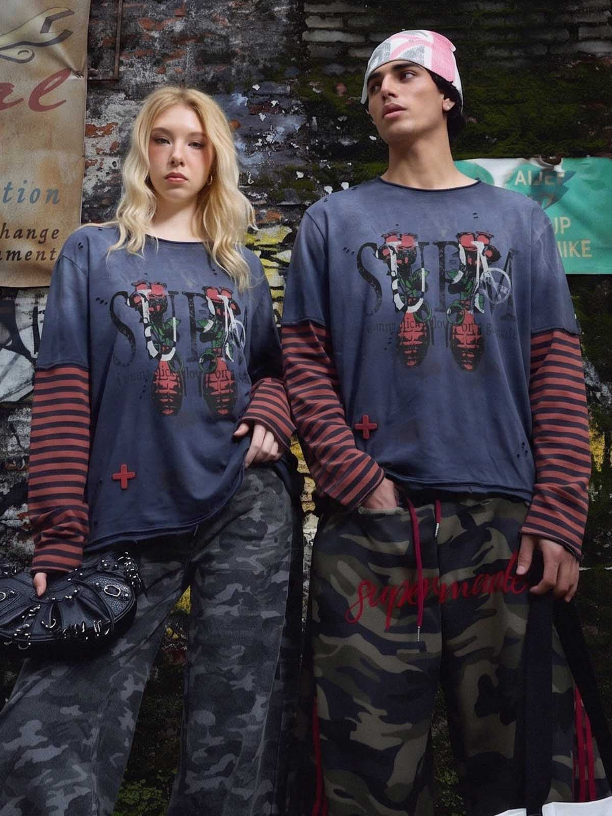 Graphic Distressed Layered Long Sleeve Tee