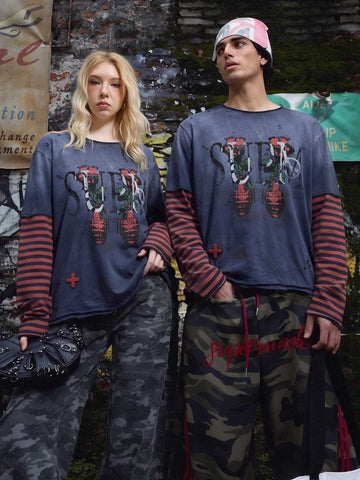 Graphic Distressed Layered Long Sleeve Tee