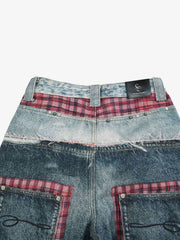 3D Grid Patchwork Distressed Jeans