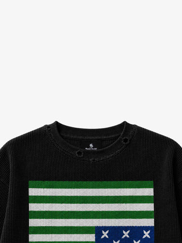 Checkerboard Flame Graphic Distressed Waffle Long Sleeve Tee