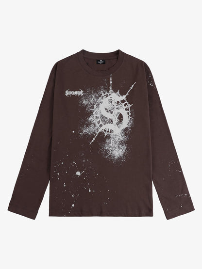 Cotton Washed Slim Fit Long-Sleeve T-Shirt with Splatter Graphic Print and Gothic 3D stereoscopic silicone printing Logo Design 