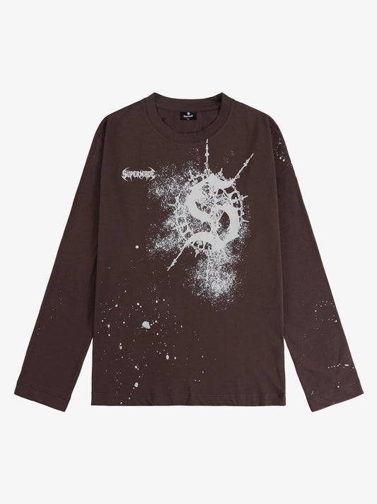 Cotton Washed Slim Fit Long-Sleeve T-Shirt with Splatter Graphic Print and Gothic 3D stereoscopic silicone printing Logo Design 