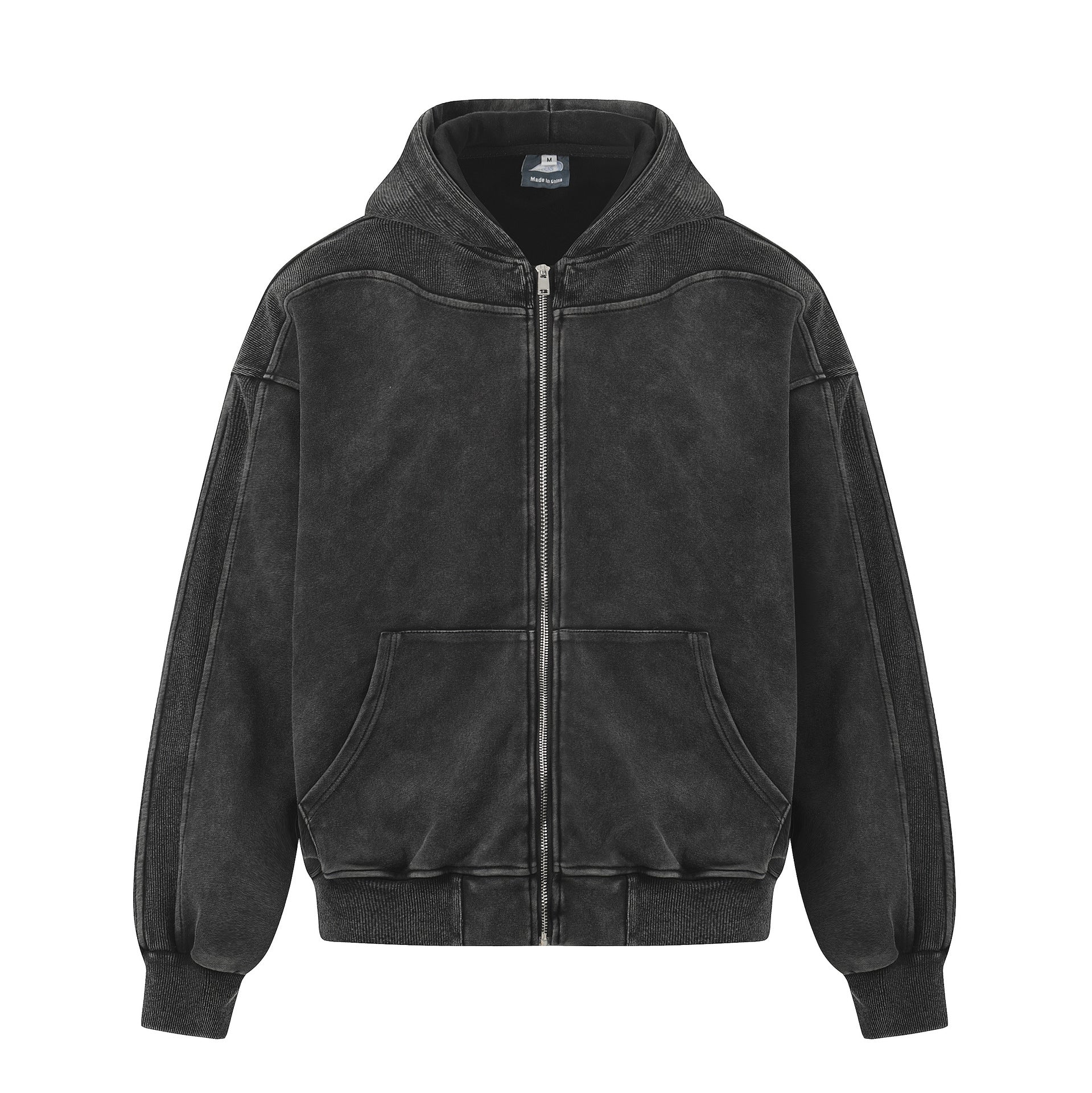 Vintage Washed Panel Construction Zip-Up Hoodie