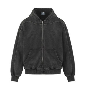 Vintage Washed Panel Construction Zip-Up Hoodie