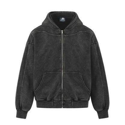 Vintage Washed Panel Construction Zip-Up Hoodie