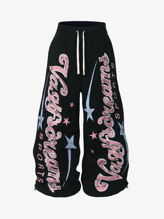Retro Graphic Fleece-Lined Baggy Sweatpants 