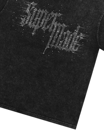 Washed Gothic Letter Imitation Diamond T-Shirt 