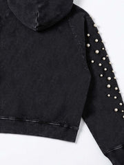 Pearl Studded Washed Distressed Cropped Hoodie