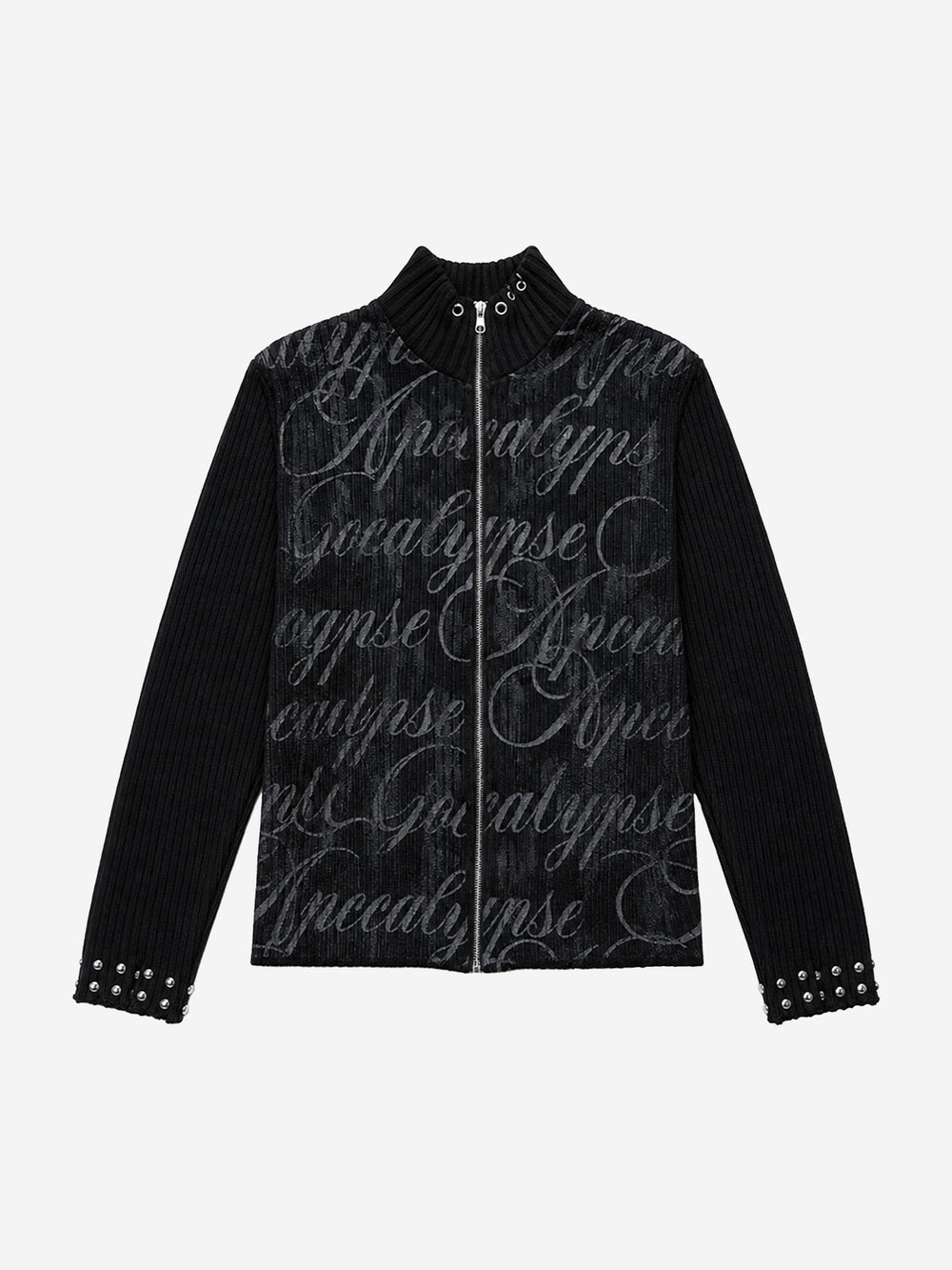 Studded Gothic Letter Stand-Collar Zip Knit Sweater
