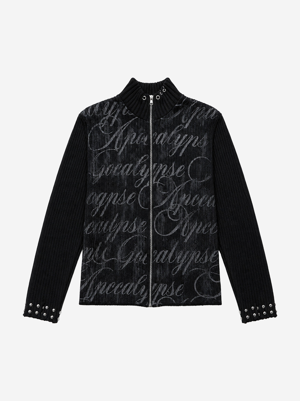 Studded Gothic Letter Stand-Collar Zip Knit Sweater
