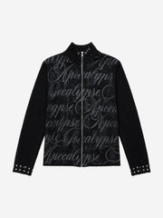 Studded Gothic Letter Stand-Collar Zip Knit Sweater