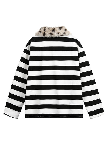 Striped Detachable Fur Collar Long-Sleeve T-shirt - 2397 