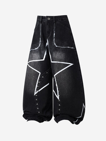 Hand-Painted Graphic Distressed Wide-Leg Jeans