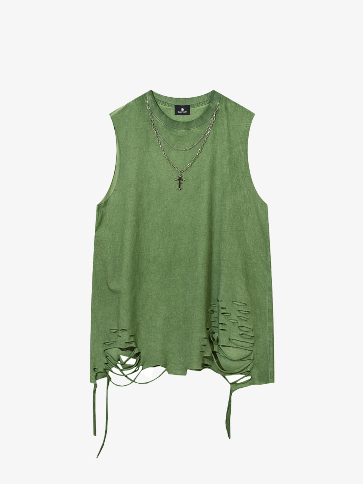 Cotton Ripped Sleeveless Tank Top with Frayed Hem and Cut-Out Details for Edgy Streetwear Style 