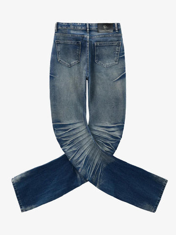 Vintage Distressed Button Fly Ruched Panel Flared Jeans