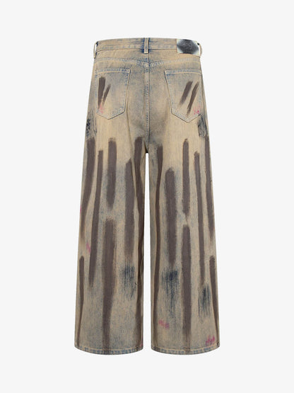 Retro Washed Brushstroke Wide-Leg Jeans 