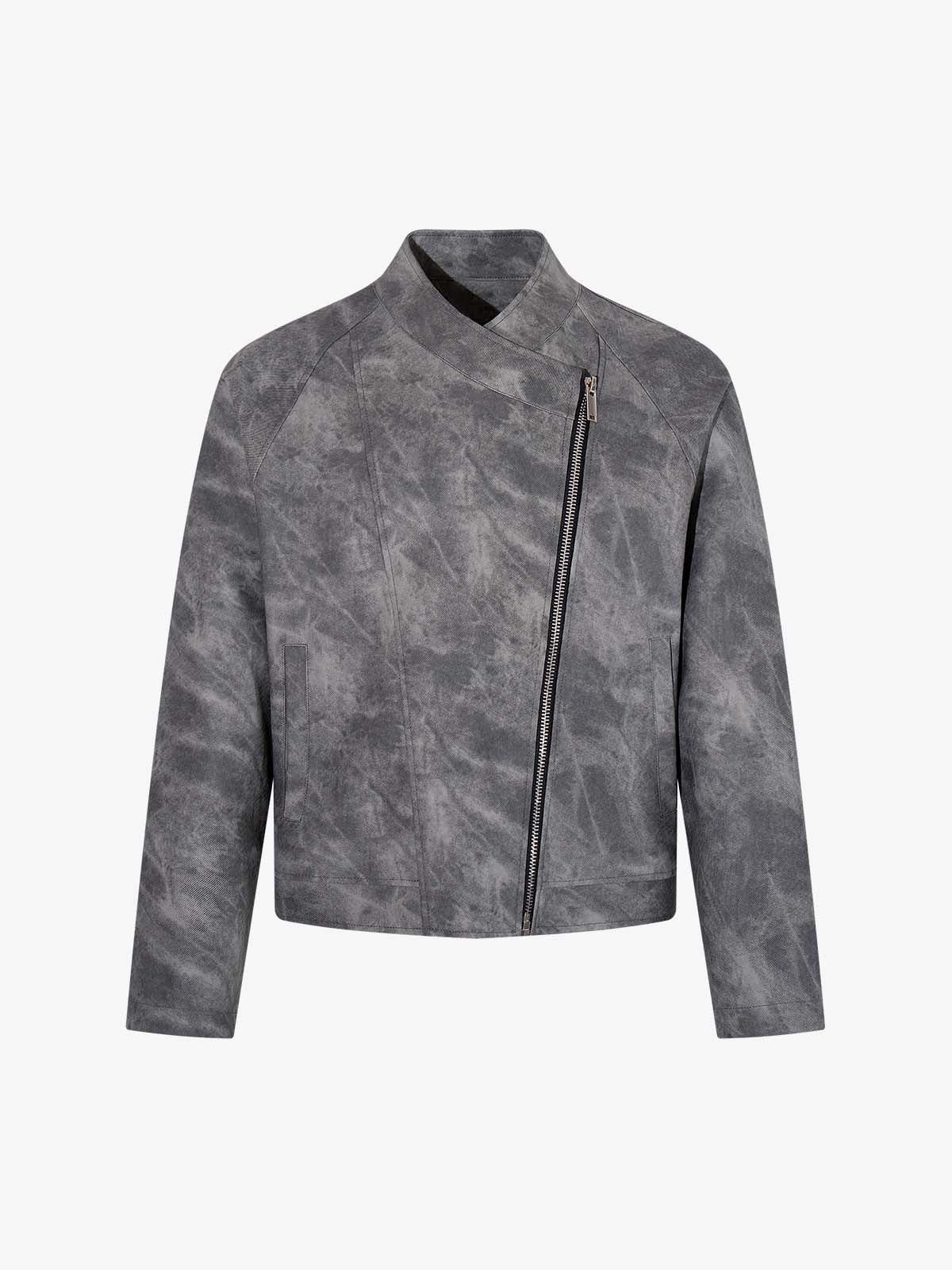 Street-style Distressed Slanted Placket PU Leather Jacket