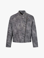 Street-style Distressed Slanted Placket PU Leather Jacket