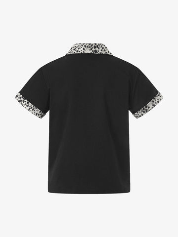Leopard Trim Half Zip Polo T-Shirt 