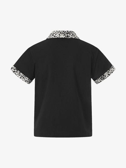 Leopard Trim Half Zip Polo T-Shirt 