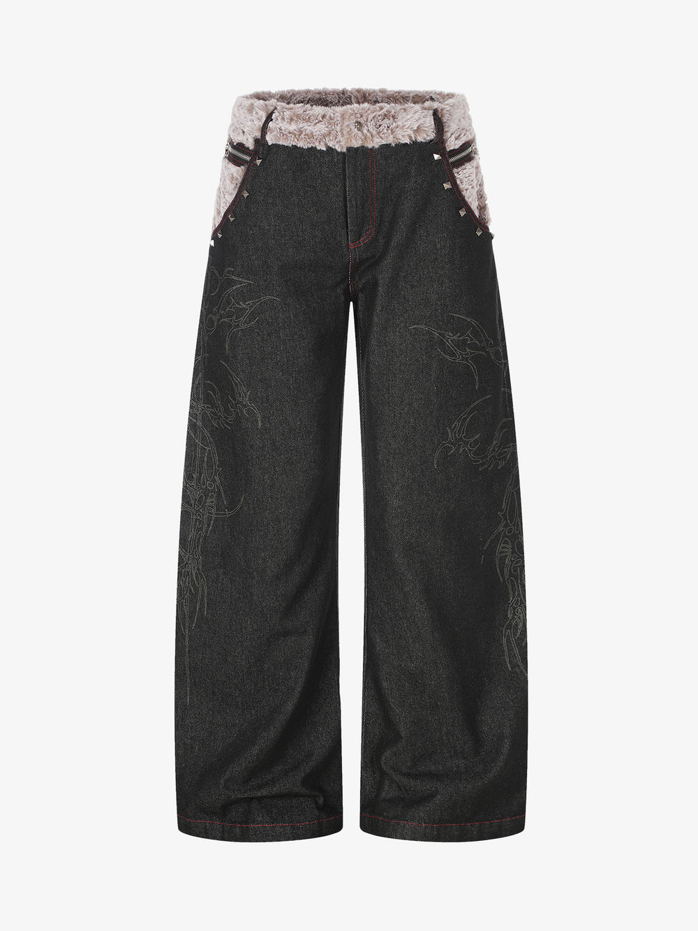 Studded Plush Patchwork Waist Thorn Print Jeans