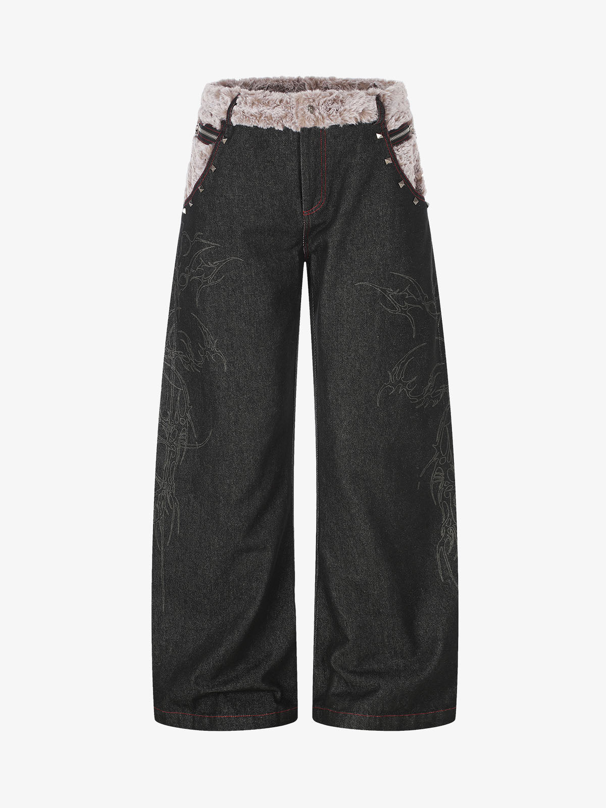Studded Plush Patchwork Waist Thorn Print Jeans
