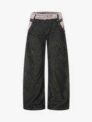 Studded Plush Patchwork Waist Thorn Print Jeans