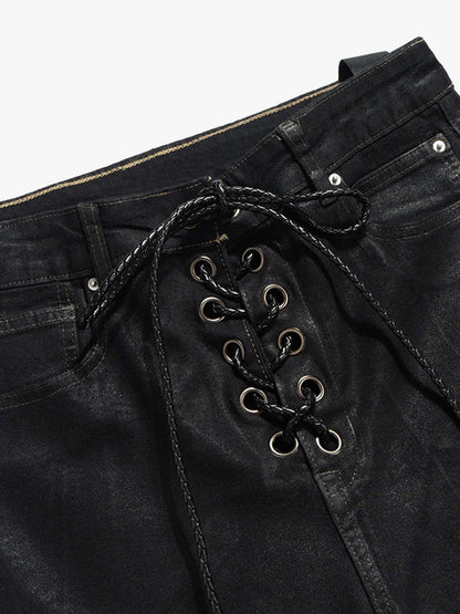 Stylish Black Lace-Up Wide-Leg Jeans for Women - Perfect for Casual and Fashionable Looks 
