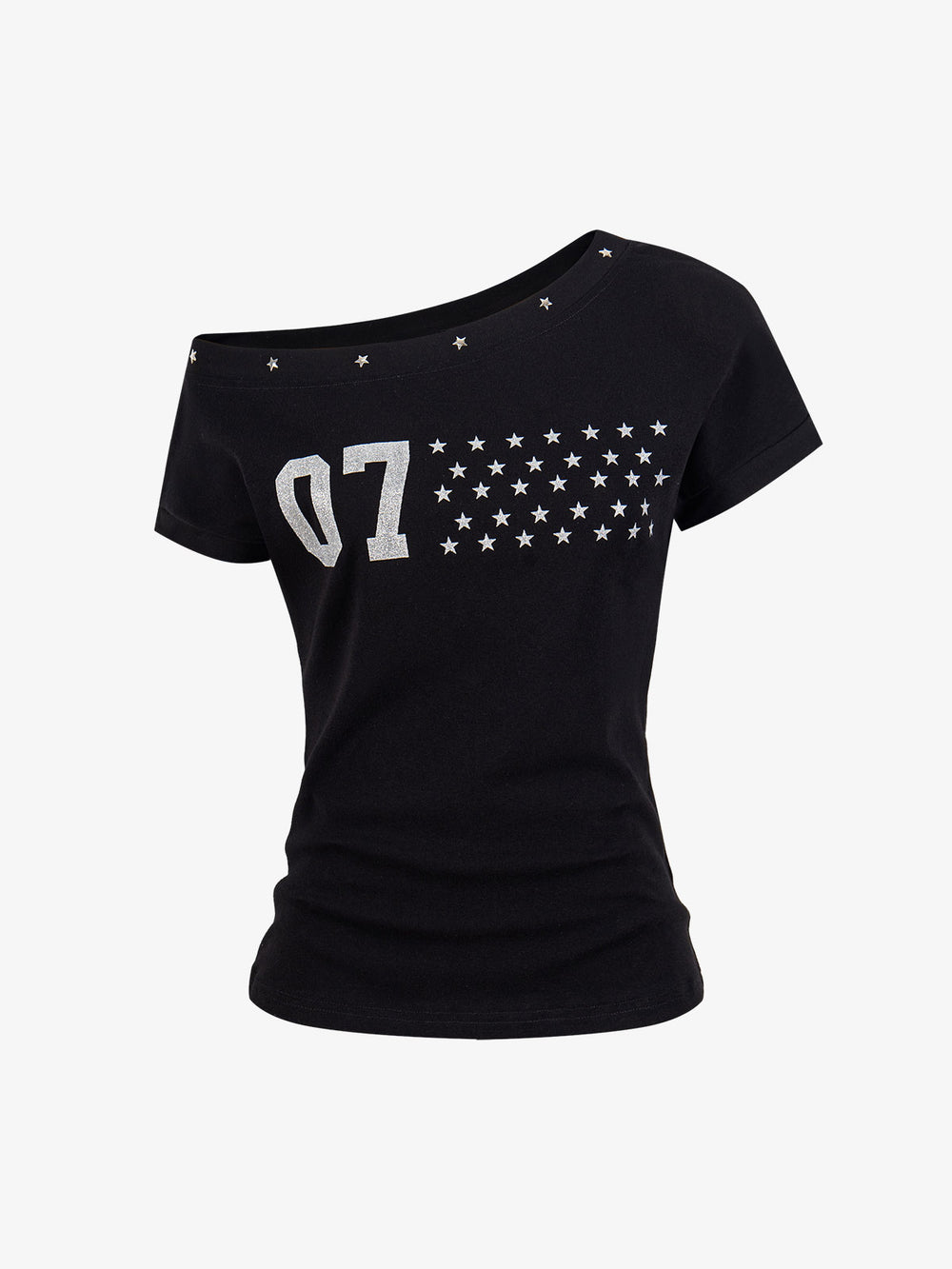 Off-Shoulder Star Stud Short Sleeve Tee