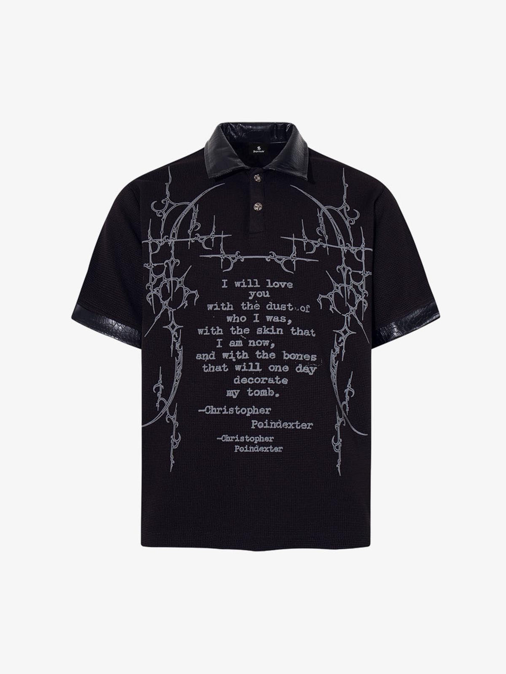 Gothic Text Print Leather Patchwork Polo T-Shirt 