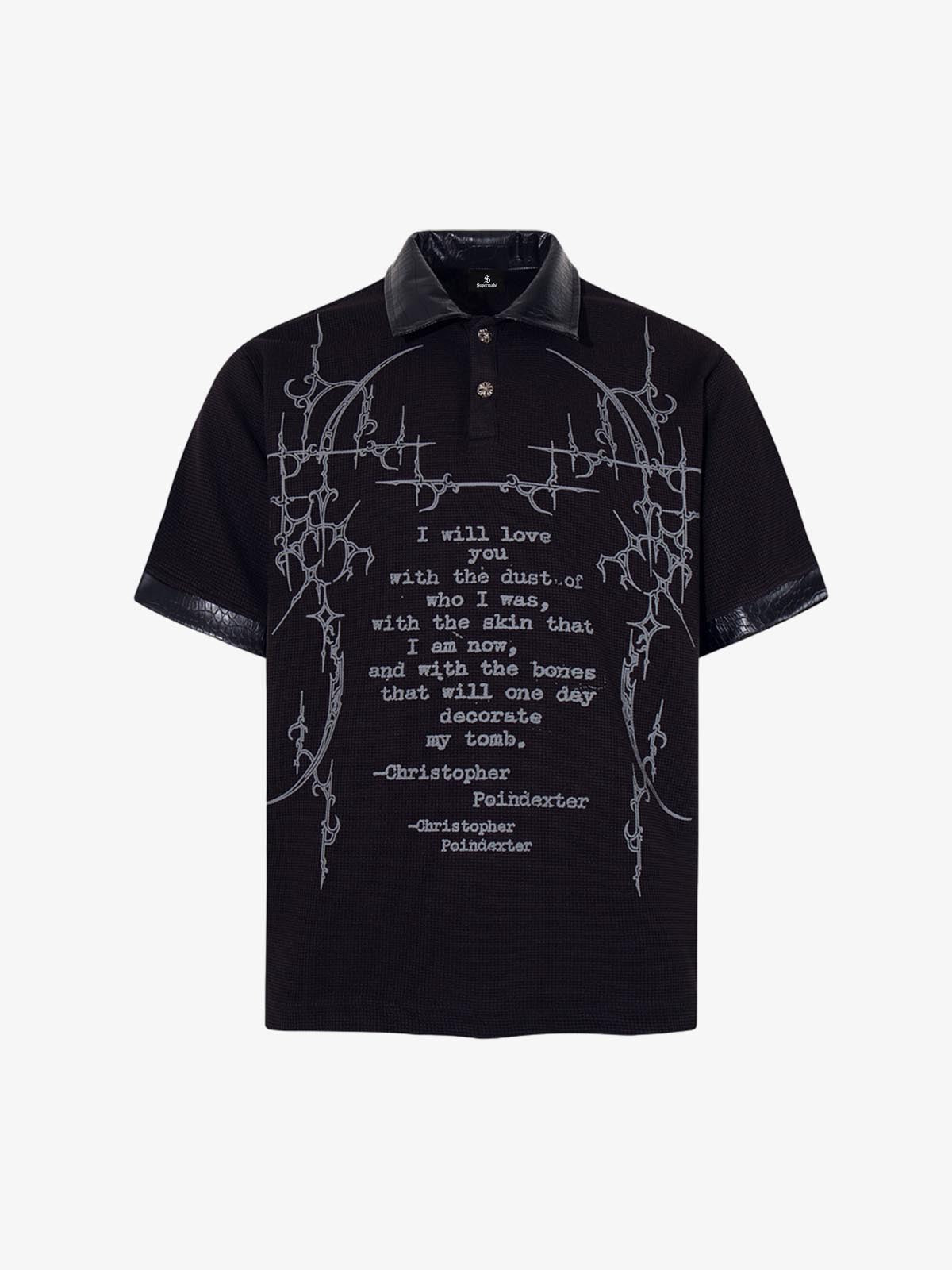 Cotton Blend Gothic Print Polo Shirt with Embroidered Quote and Leather Collar 