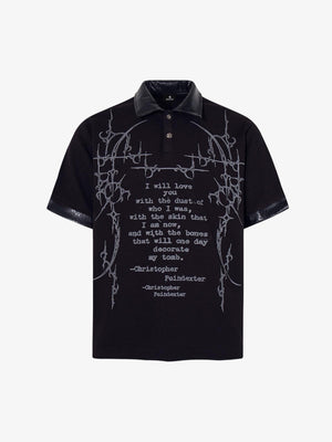 Cotton Blend Gothic Print Polo Shirt with Embroidered Quote and Leather Collar 