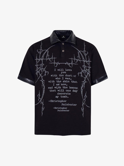 Cotton Blend Gothic Print Polo Shirt with Embroidered Quote and Leather Collar 