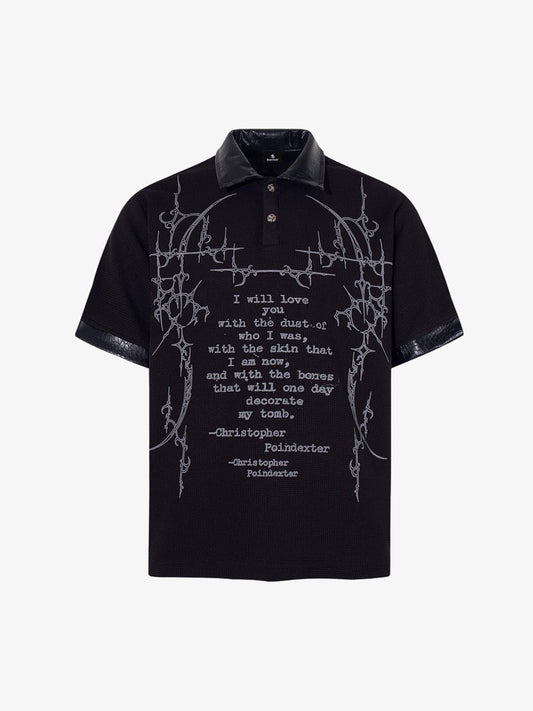 Cotton Blend Gothic Print Polo Shirt with Embroidered Quote and Leather Collar 
