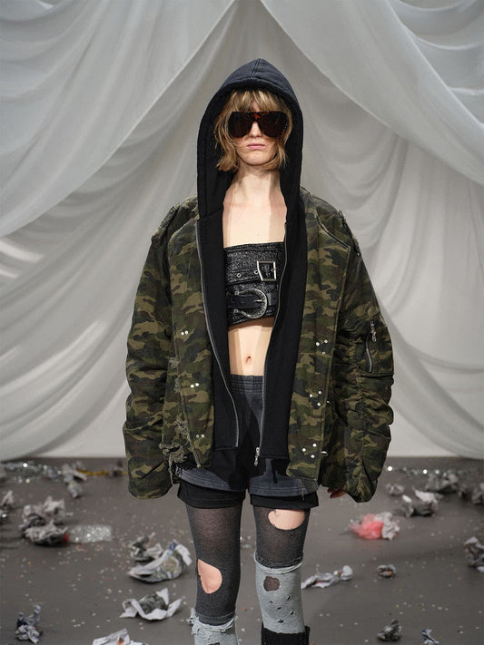 Camouflage Hooded Jacket with Distressed Details and Toggle Closure 