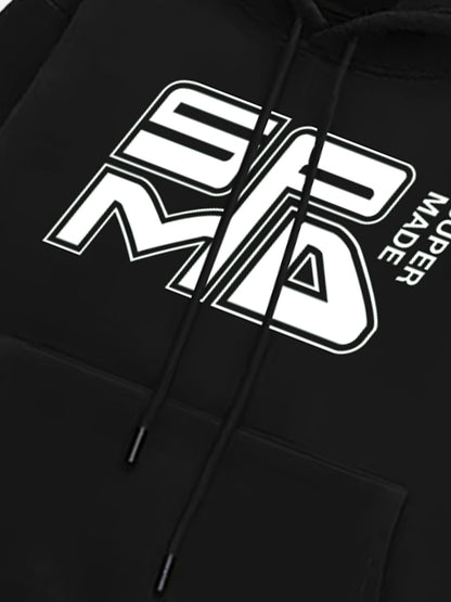 SPMD Letter Design Print Fleece Hooded Sweatshirt 