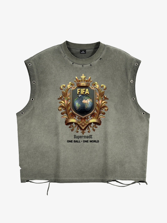 A distressed, street-style loose sleeveless vest adorned with FIFA gold-toned emblems and global prints, cut and washed 