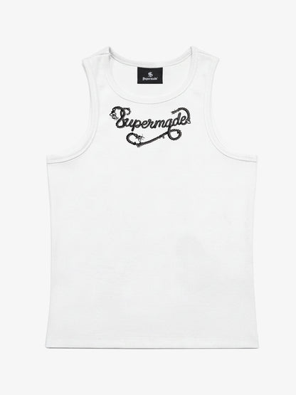 Cotton-blend black, white and gray vest with scorpion embroidered logo and deformed logo print 