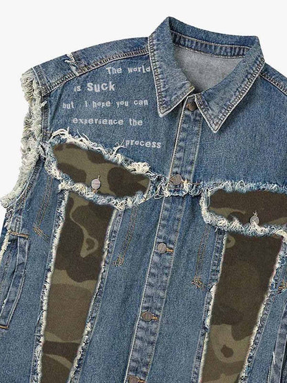 thesupermade-Denim Sleeveless Vest with Camouflage Patchwork and  Ripped Details ，cross pattern printing technology 