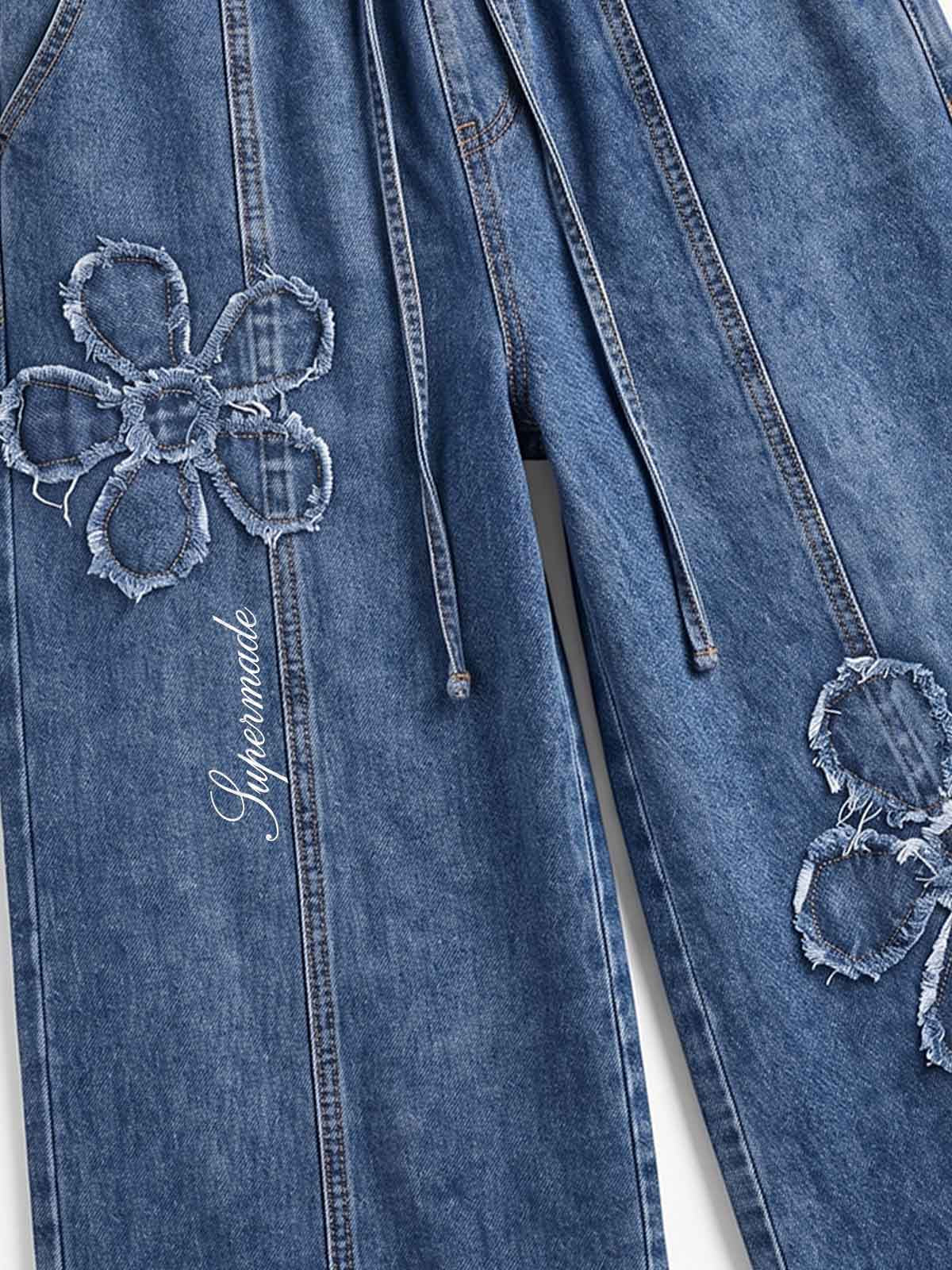 Appliqué Embroidered Wide-Leg Jeans