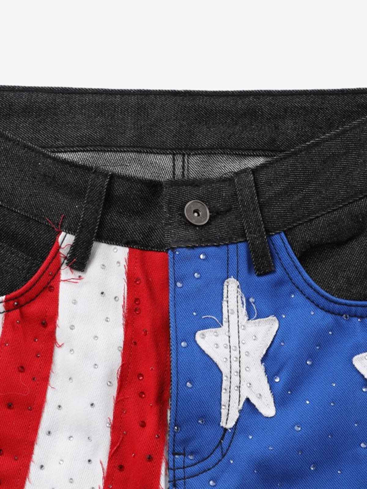 Cotton Blend American Flag Print Wide Leg Pants with Red Star Applique Design 