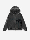 Washed Graphic Faux-Fur Trim Zip Hoodie