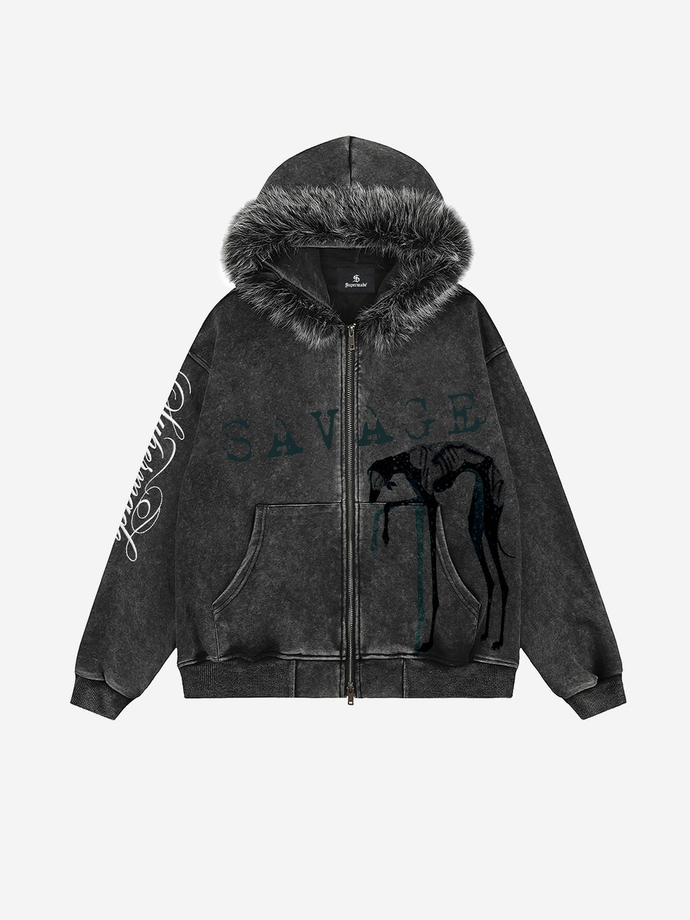 Washed Graphic Faux-Fur Trim Zip Hoodie