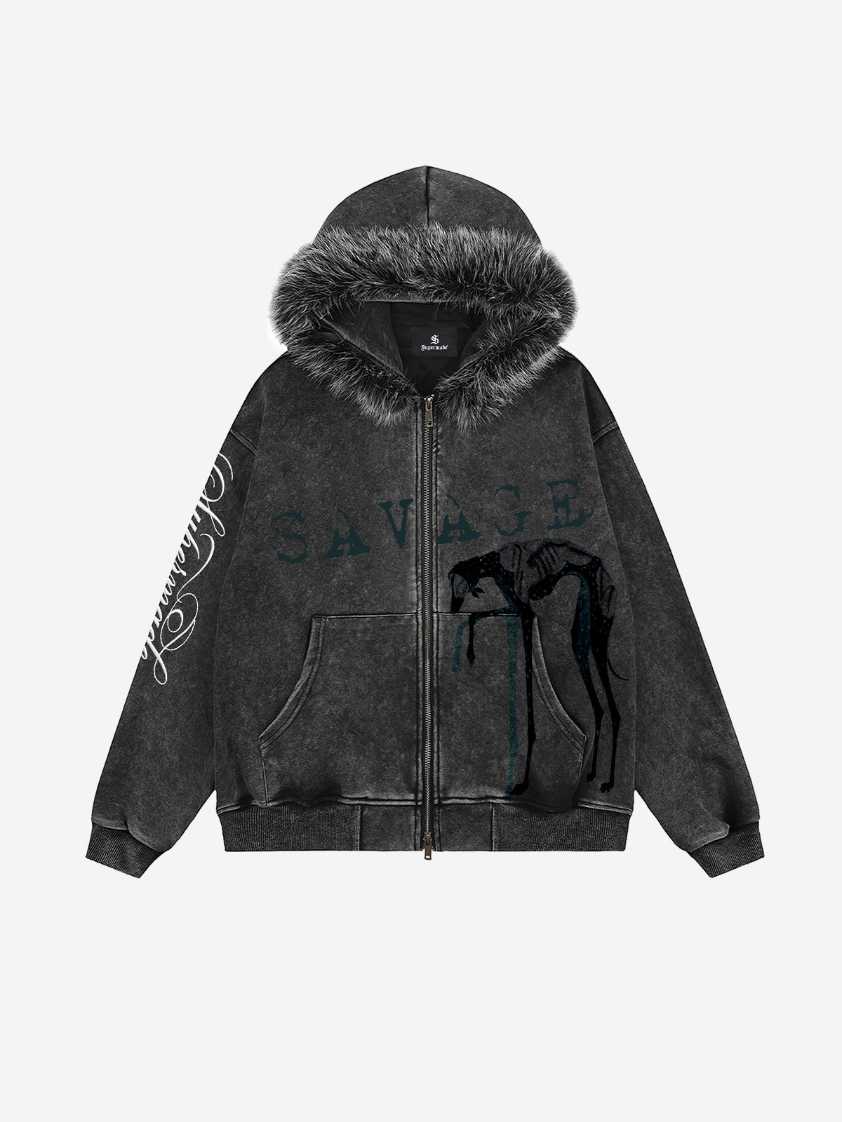 Kapuzenjacke mit verwaschenem Grafikprint und Kunstpelzbesatz sowie Reißverschluss